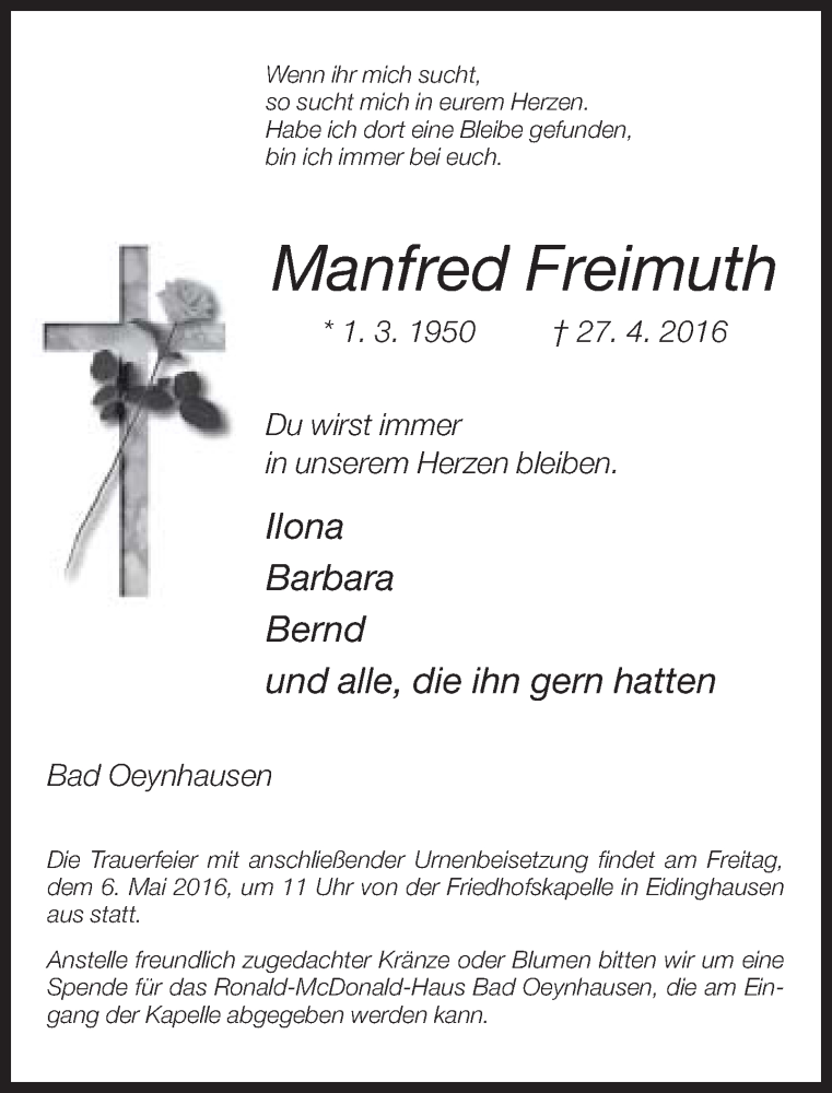  Traueranzeige für Manfred Freimuth vom 30.04.2016 aus Neue Westfälische