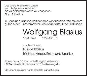 Traueranzeige von Wolfgang Blasius von Neue Westfälische