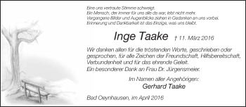 Traueranzeige von Inge Taake