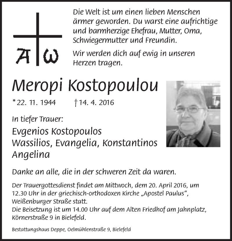  Traueranzeige für Meropi Kostopoulou vom 16.04.2016 aus Neue Westfälische
