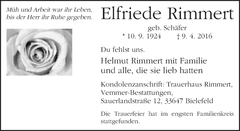  Traueranzeige für Elfriede Rimmert vom 16.04.2016 aus Neue Westfälische
