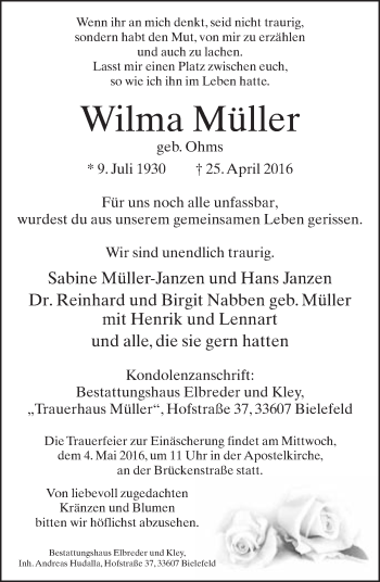 Traueranzeige von Wilma Müller von Neue Westfälische