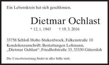 Traueranzeige von Dietmar Ochlast von Neue Westfälische