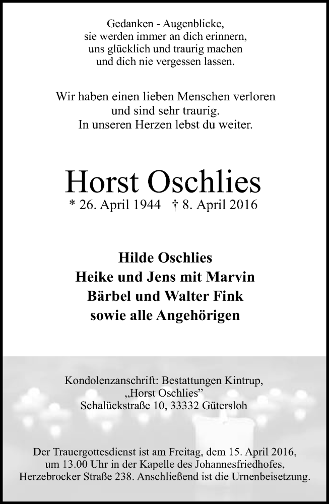  Traueranzeige für Horst Oschlies vom 12.04.2016 aus Neue Westfälische