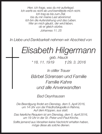 Traueranzeige von Elisabeth Hilgermann