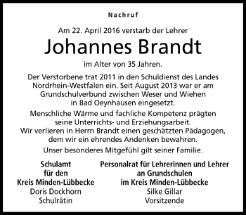 Traueranzeige von Johannes Brandt