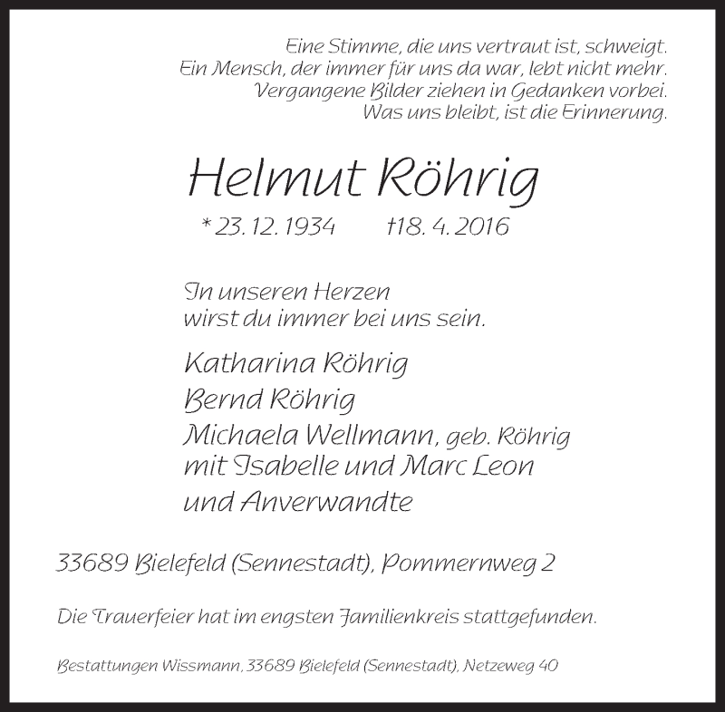  Traueranzeige für Hellmut Röhrig vom 23.04.2016 aus Neue Westfälische