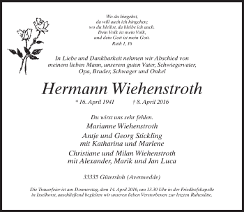 Traueranzeige von Hermann Wiehenstroth von Neue Westfälische