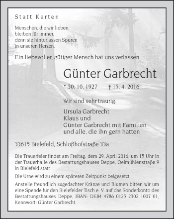 Traueranzeige von Günter Garbrecht von Neue Westfälische
