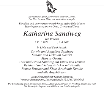 Traueranzeige von Katharina Sandweg von Neue Westfälische