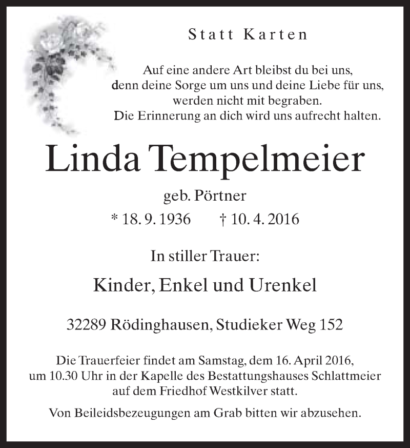  Traueranzeige für Linda Tempelmeier vom 13.04.2016 aus Neue Westfälische