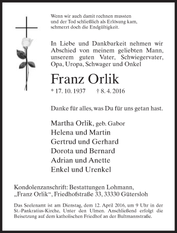 Traueranzeige von Franz Orlik von Neue Westfälische