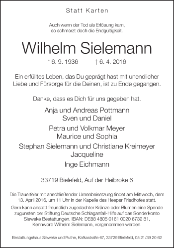 Traueranzeige von Wilhelm Sielemann