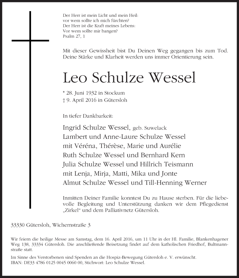  Traueranzeige für Leo Schulze Wessel vom 13.04.2016 aus Neue Westfälische