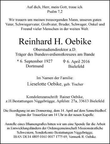 Traueranzeige von Reinhard H. Oebike von Neue Westfälische