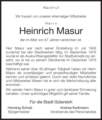 Traueranzeige von Heinrich Masur von Neue Westfälische