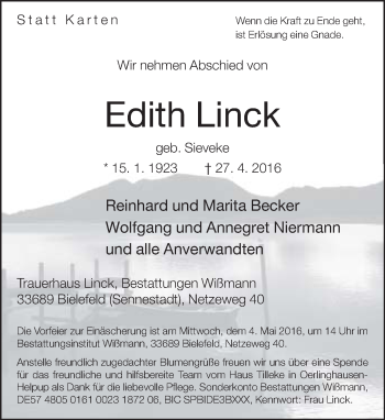 Traueranzeige von Edith Linck von Neue Westfälische