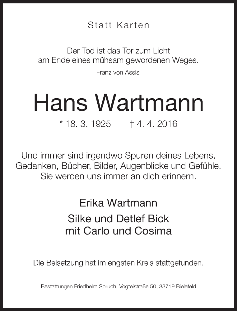  Traueranzeige für Hans Wartmann vom 12.04.2016 aus Neue Westfälische