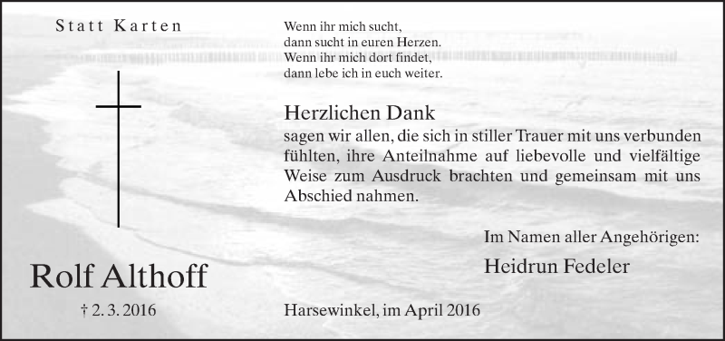  Traueranzeige für Rolf Althoff vom 23.04.2016 aus Neue Westfälische