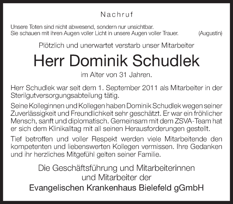  Traueranzeige für Dominik Schudlek vom 23.04.2016 aus Neue Westfälische