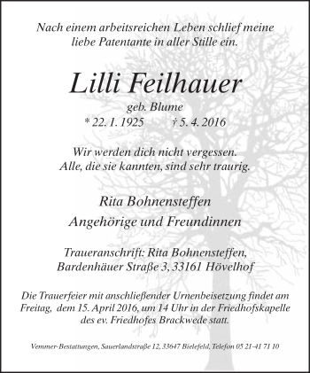 Traueranzeige von Lilli Feilhauer von Neue Westfälische