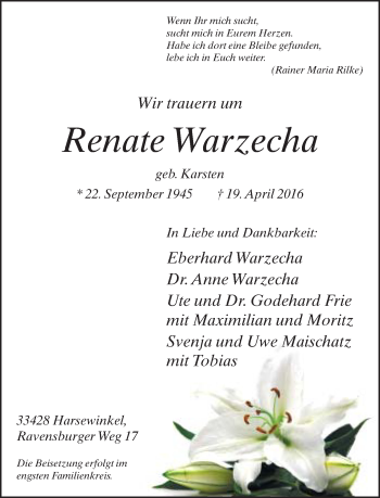 Traueranzeige von Renate Warzecha von Neue Westfälische