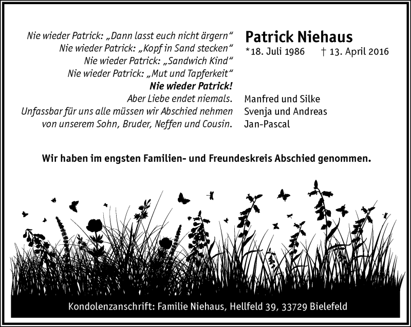  Traueranzeige für Patrick Niehaus vom 23.04.2016 aus Neue Westfälische
