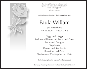 Traueranzeige von Paula Willam von Neue Westfälische