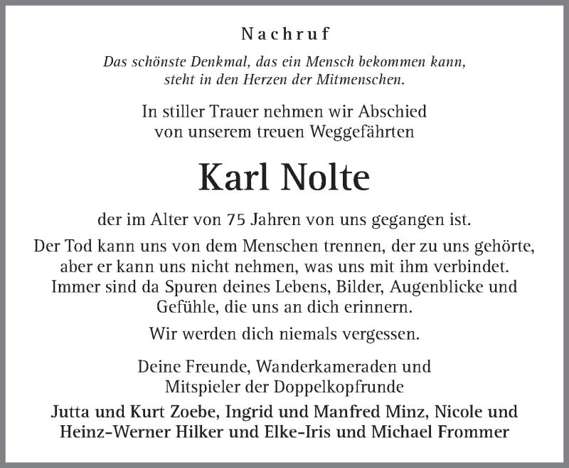  Traueranzeige für Karl Nolte vom 06.04.2016 aus Neue Westfälische
