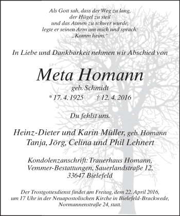 Traueranzeige von Meta Homann von Neue Westfälische
