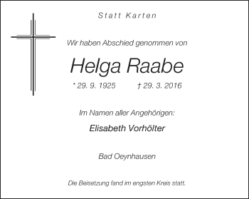 Traueranzeige von Helga Raabe