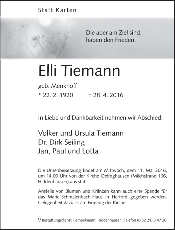 Traueranzeige von Elli Tiemann von Neue Westfälische