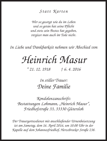 Traueranzeige von Heinrich Masur von Neue Westfälische