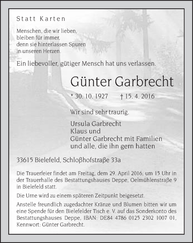  Traueranzeige für Günter Garbrecht vom 23.04.2016 aus Neue Westfälische