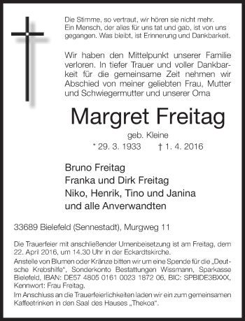 Traueranzeige von Margret Freitag von Neue Westfälische