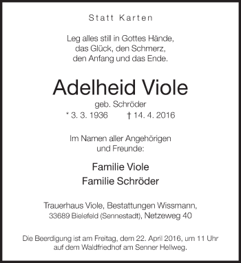 Traueranzeige von Adelheid Viole von Neue Westfälische