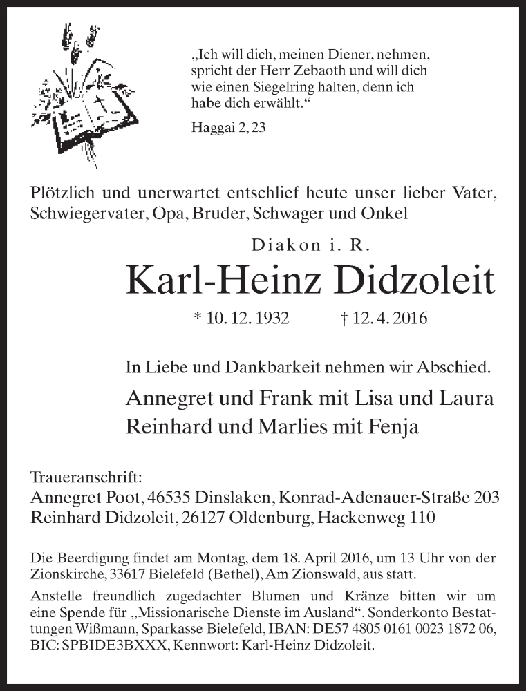  Traueranzeige für Karl-Heinz Didzoleit vom 15.04.2016 aus Neue Westfälische