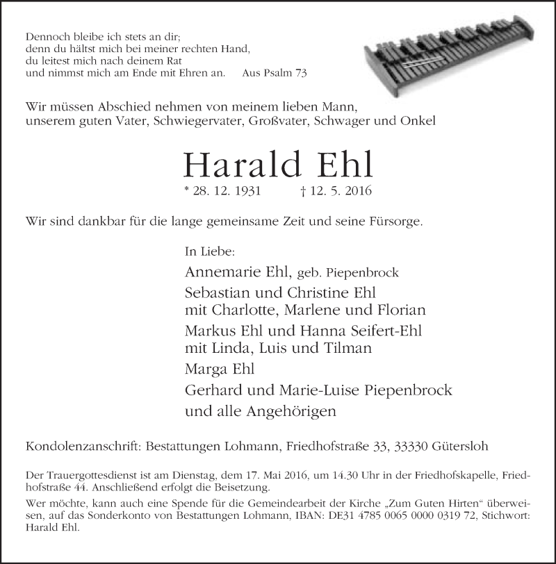  Traueranzeige für Harald Ehl vom 14.05.2016 aus Neue Westfälische