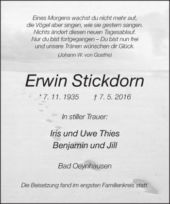 Traueranzeige von Erwin Stickdorn