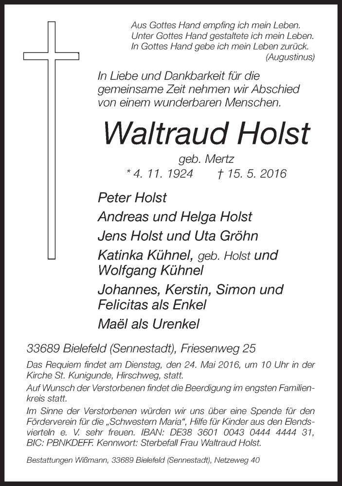  Traueranzeige für Waltraud Holst vom 19.05.2016 aus Neue Westfälische