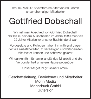 Traueranzeige von Gottfried Dobschall von Neue Westfälische