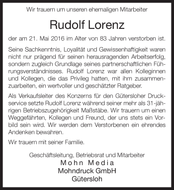 Traueranzeige von Rudolf Lorenz von Neue Westfälische