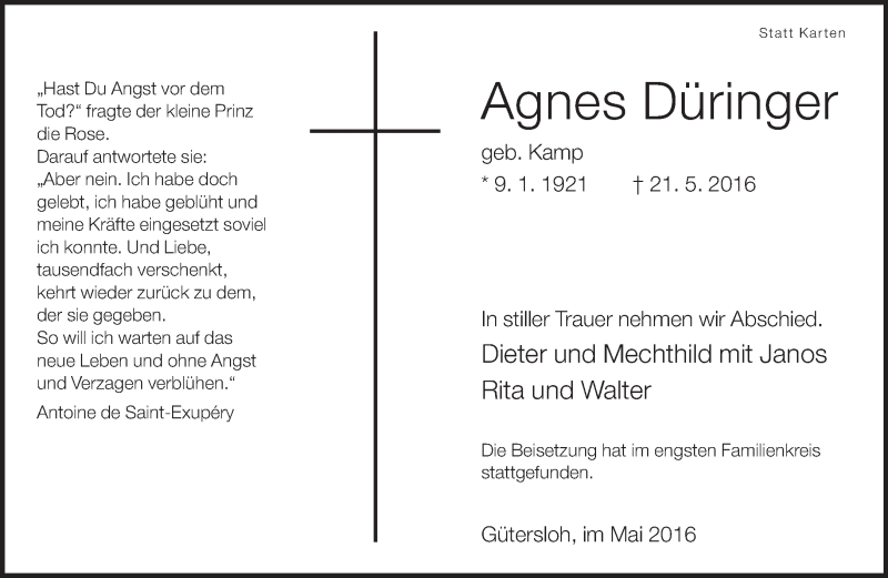  Traueranzeige für Agnes Düringer vom 28.05.2016 aus Neue Westfälische
