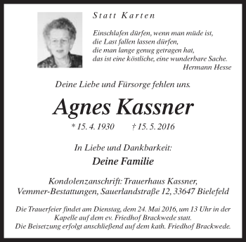 Traueranzeige von Agnes Kassner von Neue Westfälische