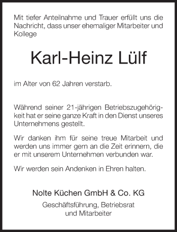 Traueranzeige von Karl-Heinz Lülf von Neue Westfälische