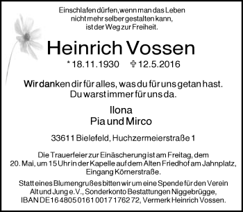 Traueranzeige von Heinrich Vossen von Neue Westfälische