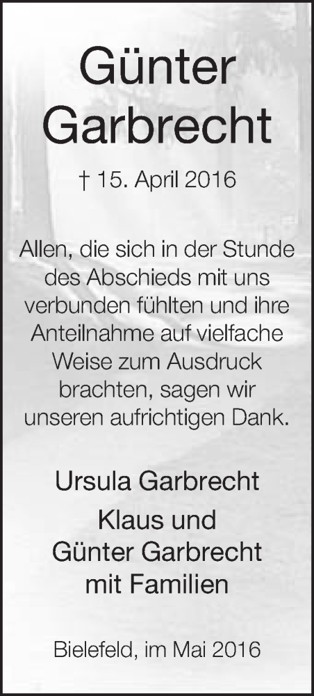  Traueranzeige für Günter Garbrecht vom 21.05.2016 aus Neue Westfälische