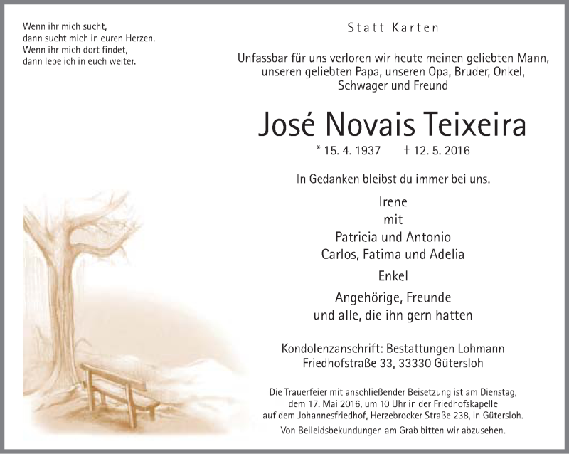  Traueranzeige für Jose Novais Teixeira vom 14.05.2016 aus Neue Westfälische