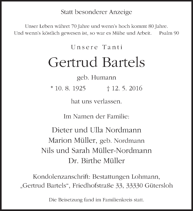  Traueranzeige für Gertrud Bartels vom 21.05.2016 aus Neue Westfälische