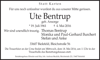 Traueranzeige von Ute Bentrup von Neue Westfälische